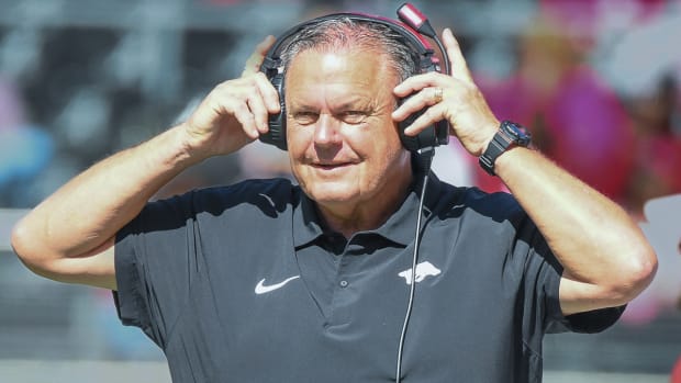 Razorbacks coach Sam Pittman on the sidelines against Alabama